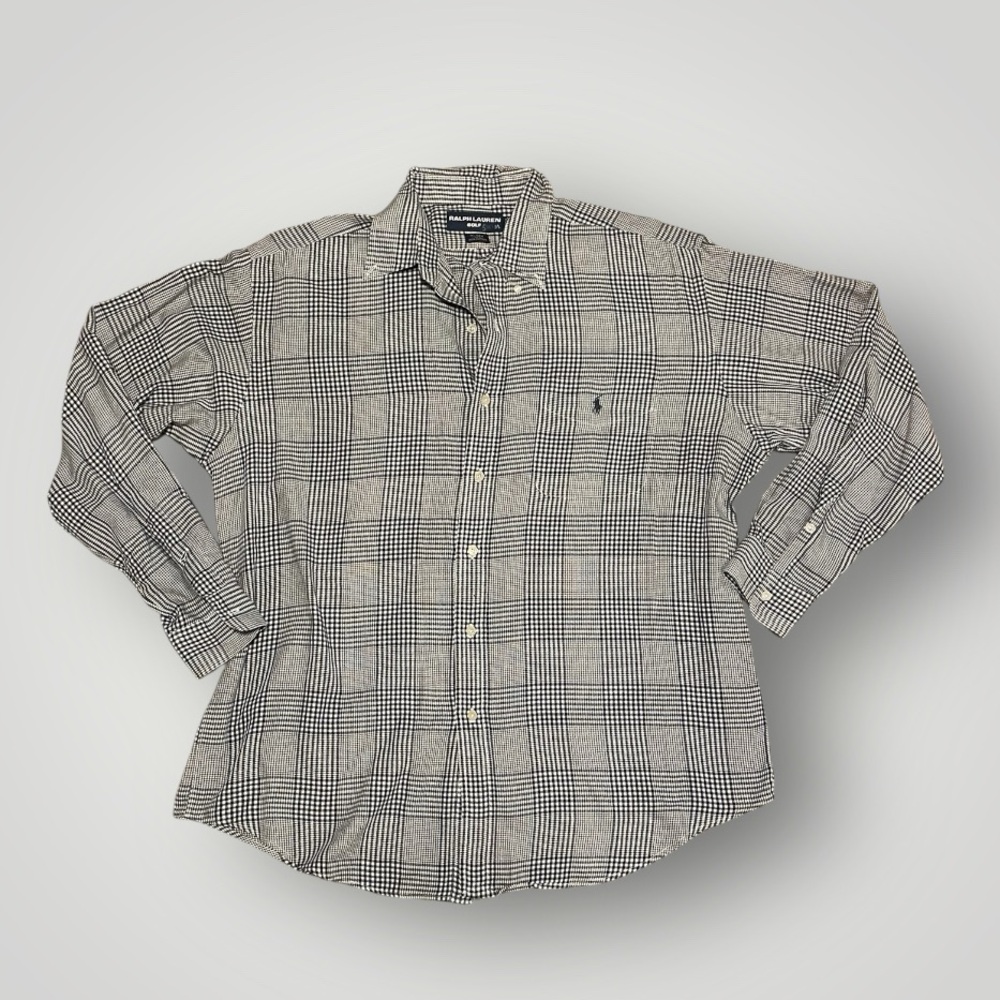 Ralph Lauren Golf Tilden Plaid Button Down Shirt L 100% Cotton Navy Cream